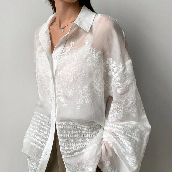 Beige Casual Women's Solid Asymmetric Sheer Lace Long Sleeve Blouse - Picture 1 of 9